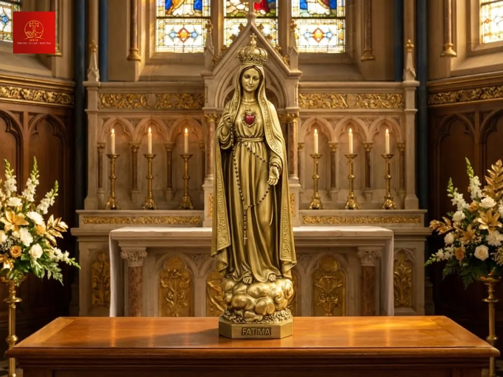 Tượng Đức Mẹ Fatima mời gọi mọi người siêng năng lần hạt Mân Côi.