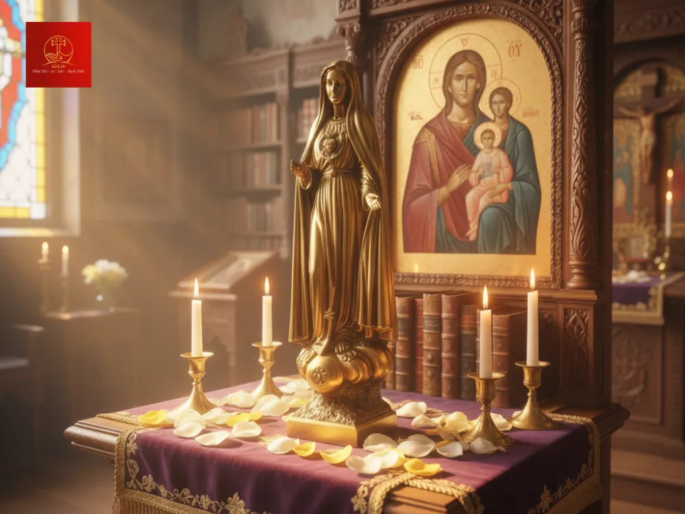Tượng Mẹ Fatima đặt cạnh linh ảnh giúp không gian thánh thiêng.