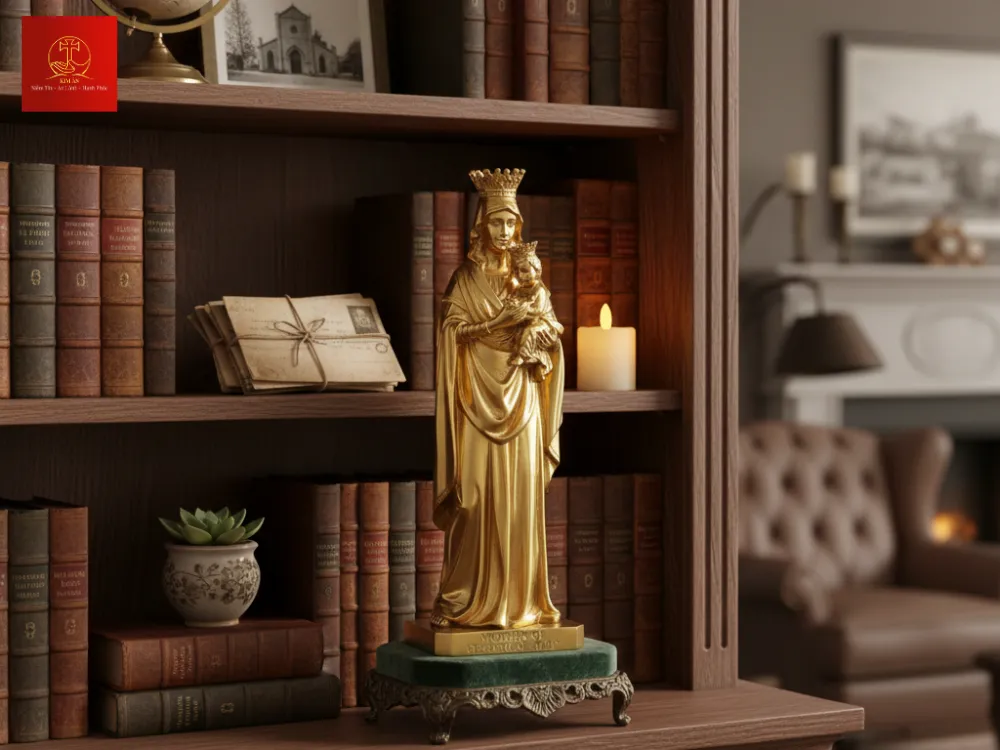 Tượng Mẹ Hằng Cứu Giúp được đặt trên kệ sách rất gần gũi.