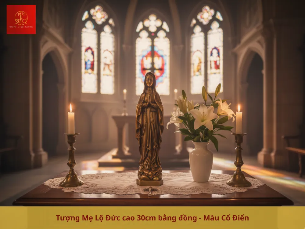 Tượng Mẹ Lộ Đức cao 30cm bằng đồng mang phong cách cổ điển.