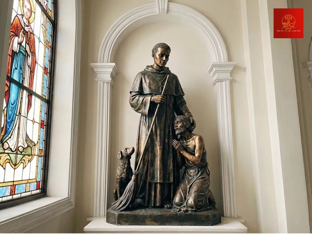 Tượng thánh Martino bằng đồng đang che chở cho người nghèo khó
