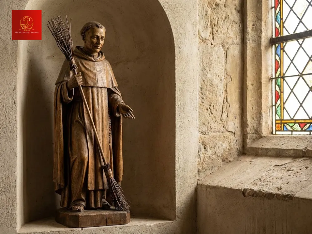Tượng thánh Martino cầm chổi, kích thước 130cm đặt trong nhà thờ