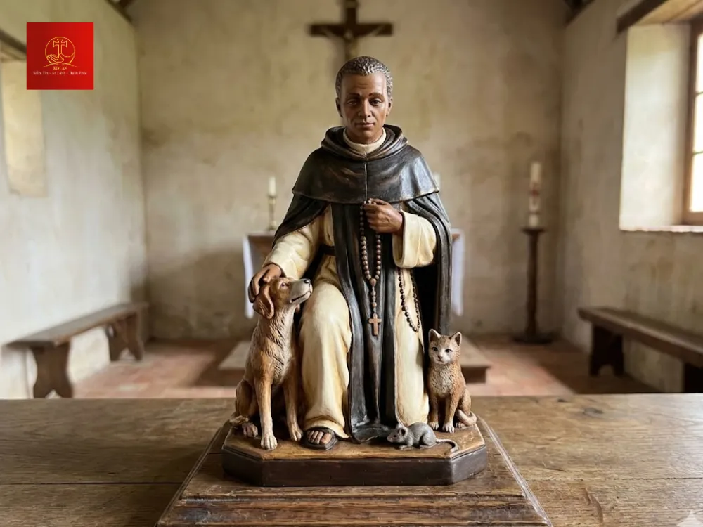 Tượng thánh Martino quỳ bên động vật, chất liệu composite