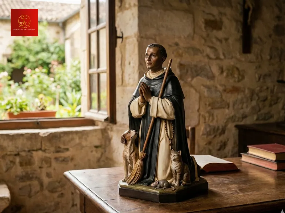 Tượng thánh Martino quỳ đặt trong phòng làm việc