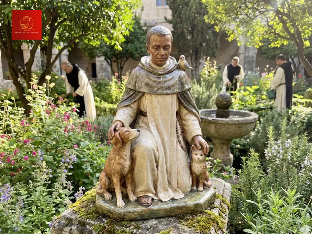 Tượng thánh Martino quỳ trong sân vườn gia đình hoặc khuôn viên nhà thờ