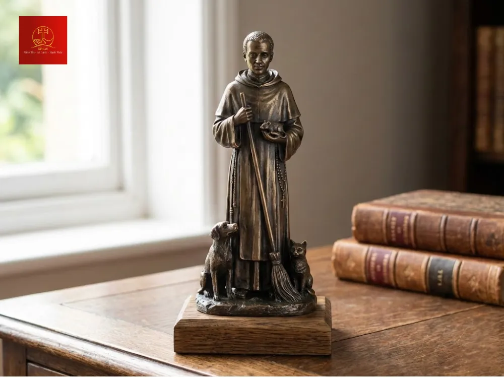 Tượng thánh Martino tay cầm chổi, dưới chân ngài là những con vật nhỏ