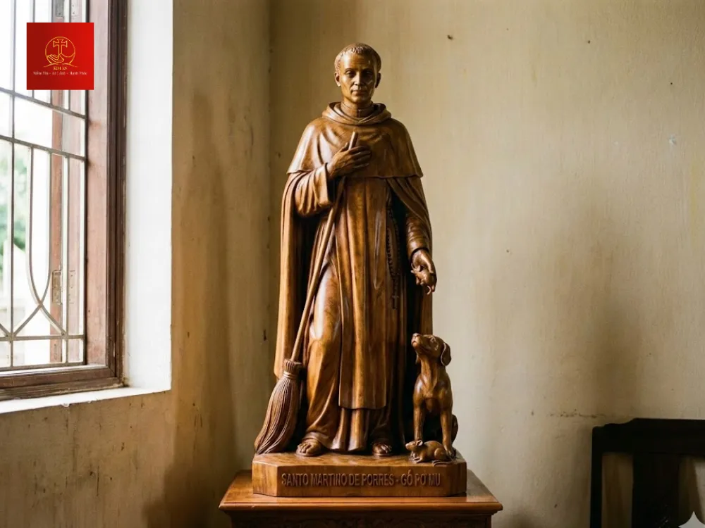 Tượng thánh Martino tay đặt lên ngực, tay cầm chổi