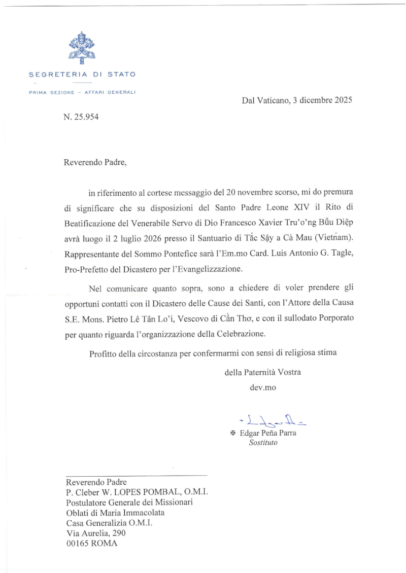 Văn bản chấp nhận của Tòa Thánh về việc tổ chức lễ phong Chân phước cho Tôi Tớ Chúa