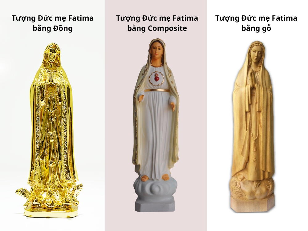 Tượng đức mẹ Fatima với áo dài phủ kín, đội khăn choàng dài