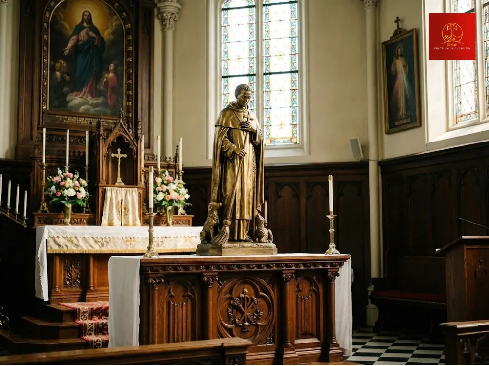 Chăm chút hoa tươi và nến tại khu vực thờ tượng Thánh Martino