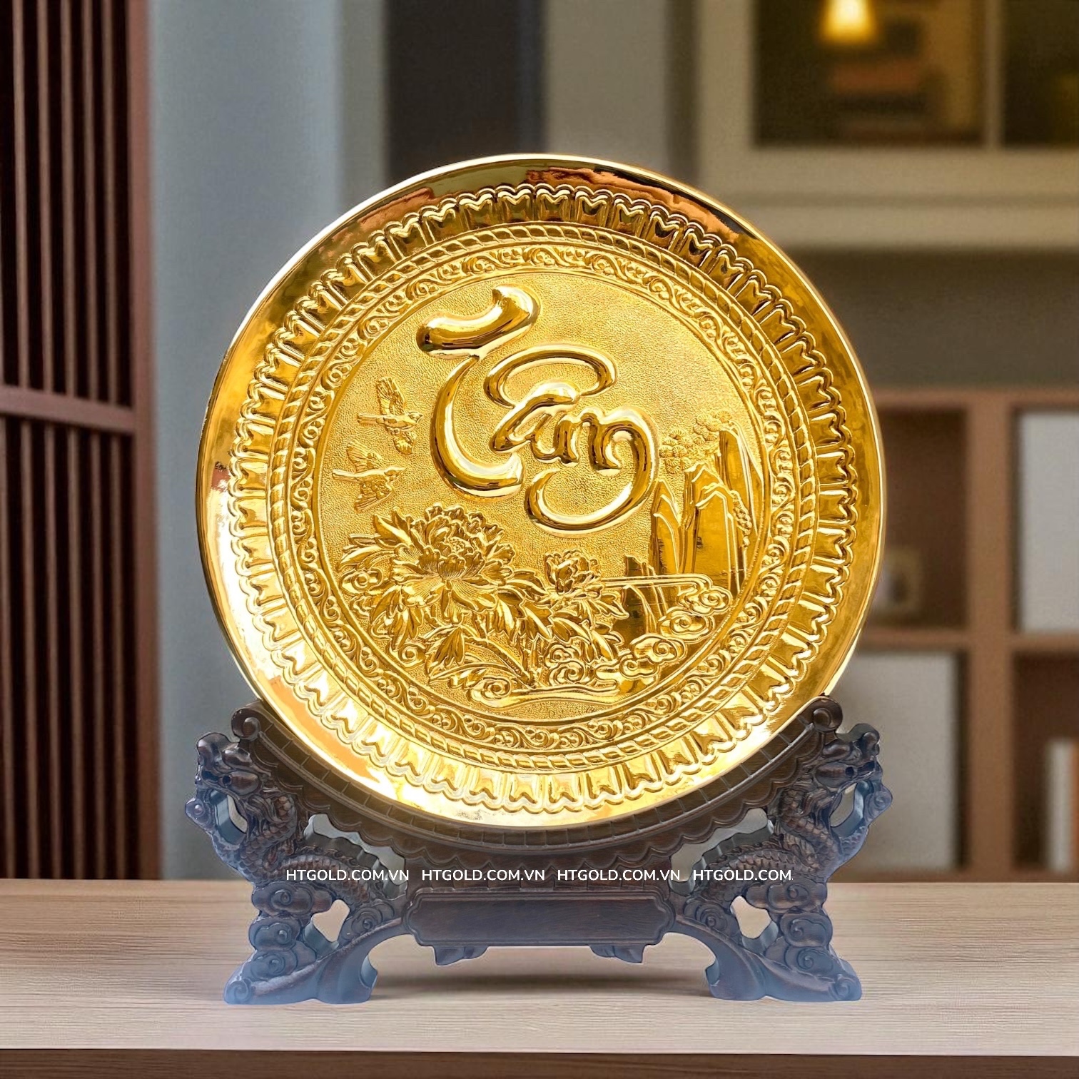 TRANH ĐĨA ĐỒNG CHỮ TÂM MẠ VÀNG 24K (Đk 25cm/ Cao 30cm)