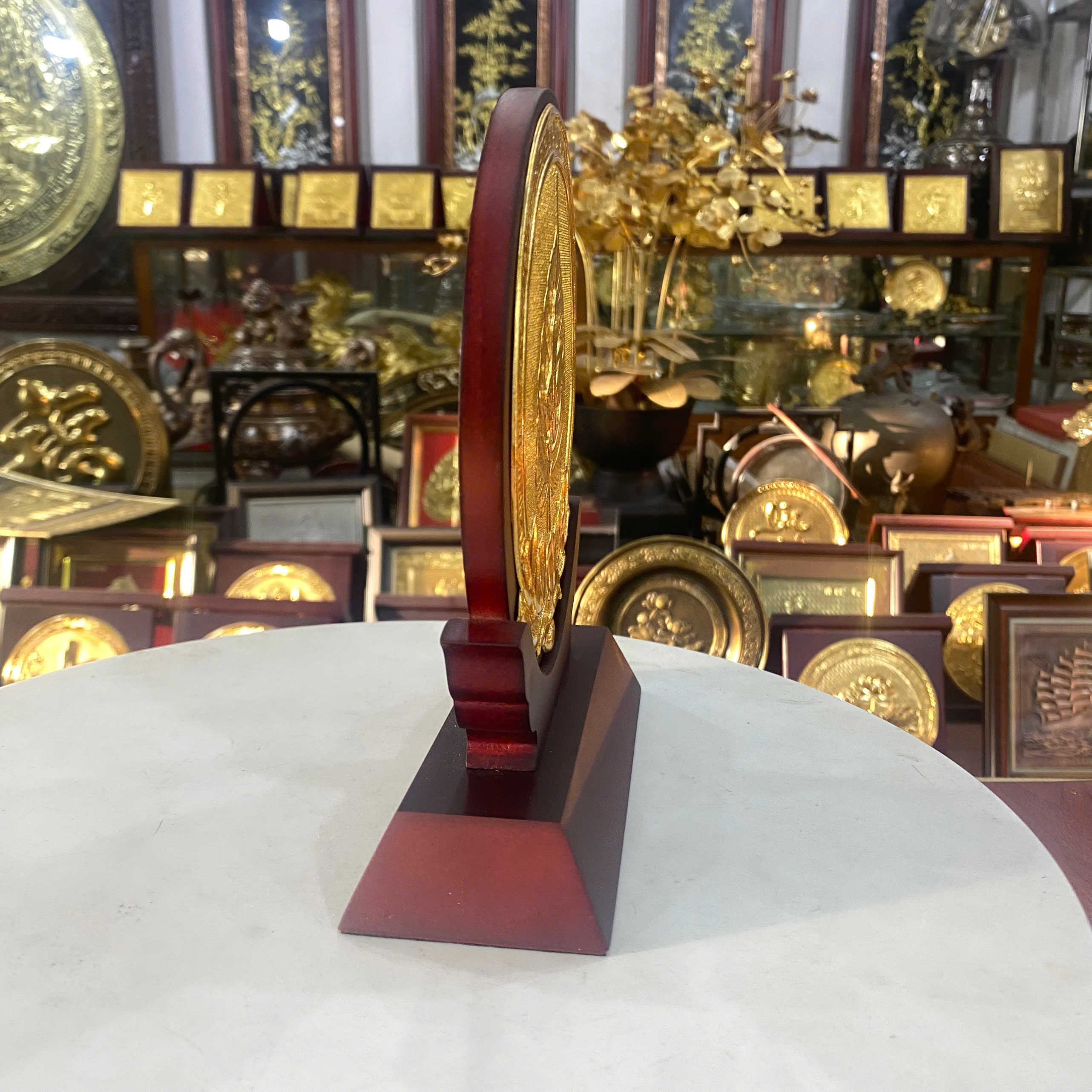 QUÀ TẶNG LÁ BỒ ĐỀ TÀI LỘC BẰNG ĐỒNG DÁT VÀNG (Đk 15cm / Cao 19cm)