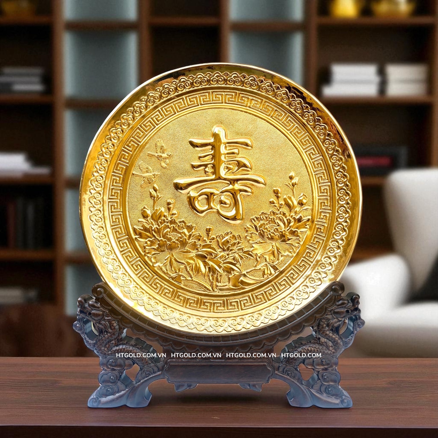 TRANH ĐĨA ĐỒNG CHỮ THỌ MẠ VÀNG 24K (Đk 25cm/ Cao 30cm)