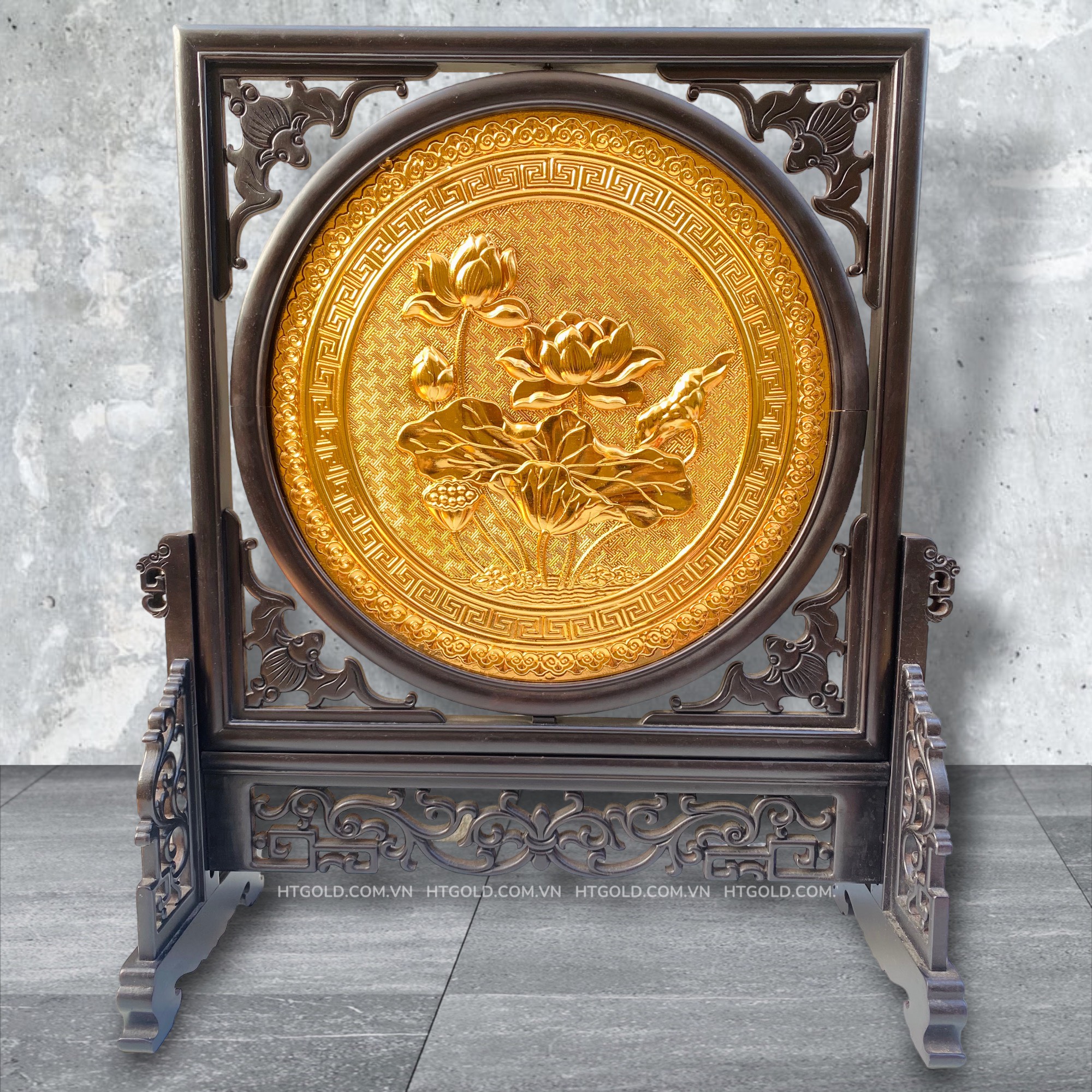 TRANH ĐỒNG HOA SEN LOẠI 2 MẶT, MẠ VÀNG 24K (Cao 48cm; ngang 44cm)