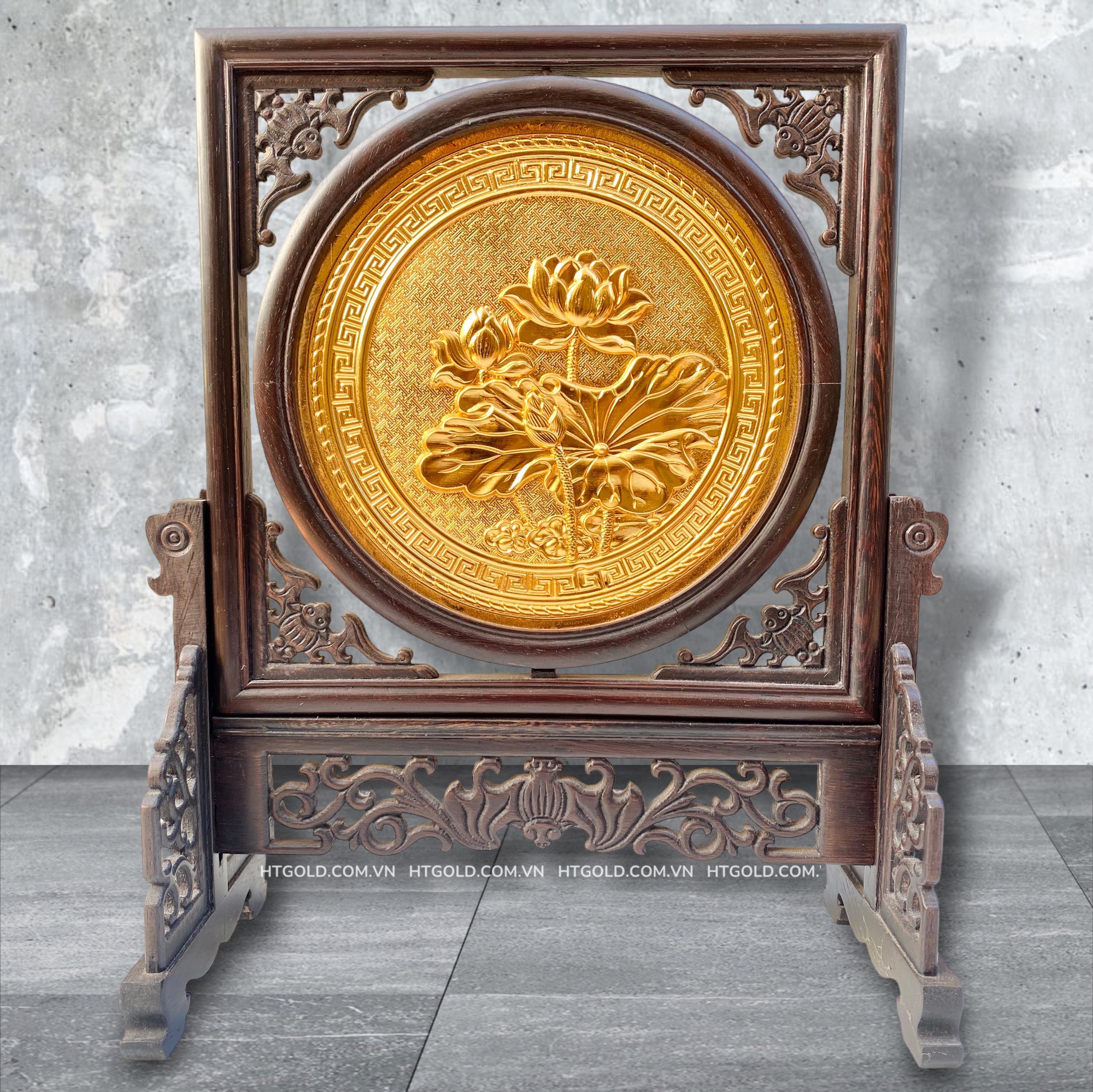TRANH ĐỒNG HOA SEN - 2 MẶT, MẠ VÀNG 24K (Cao 44cm; ngang 35cm)