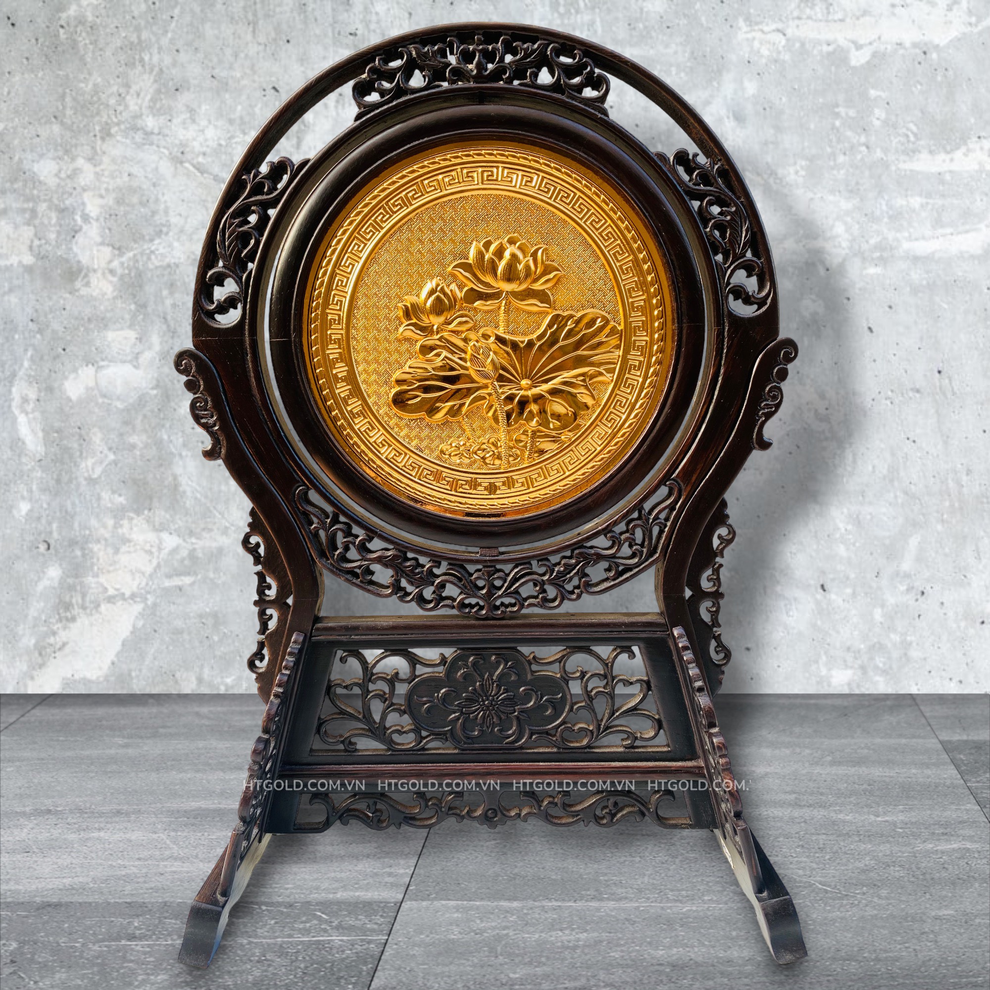 TRANH ĐỒNG HOA SEN LOẠI 2 MẶT, MẠ VÀNG 24K (Cao 44cm; ngang 31cm)