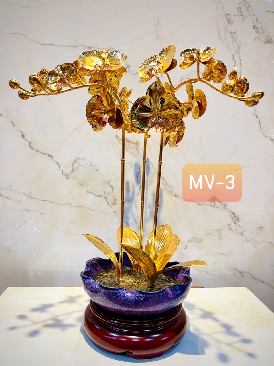 CHẬU LAN HỒ ĐIỆP BẰNG ĐỒNG MẠ VÀNG 24K, CAO 46cm (3 CÀNH)