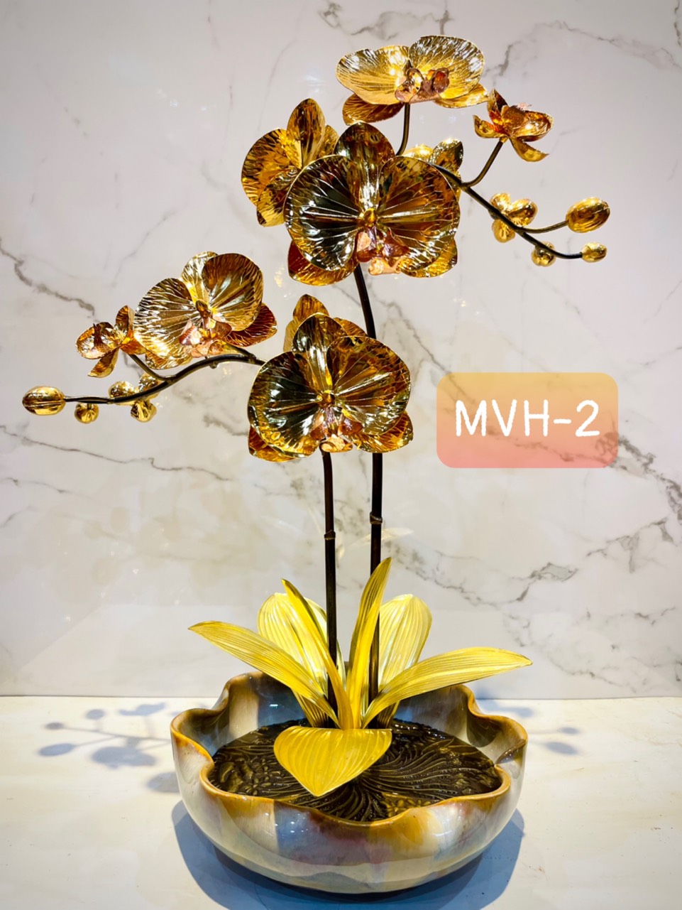 CHẬU LAN PHÚ QUÝ BẰNG ĐỒNG, MẠ VÀNG HOA (2 CÀNH GIẢ CỔ)
