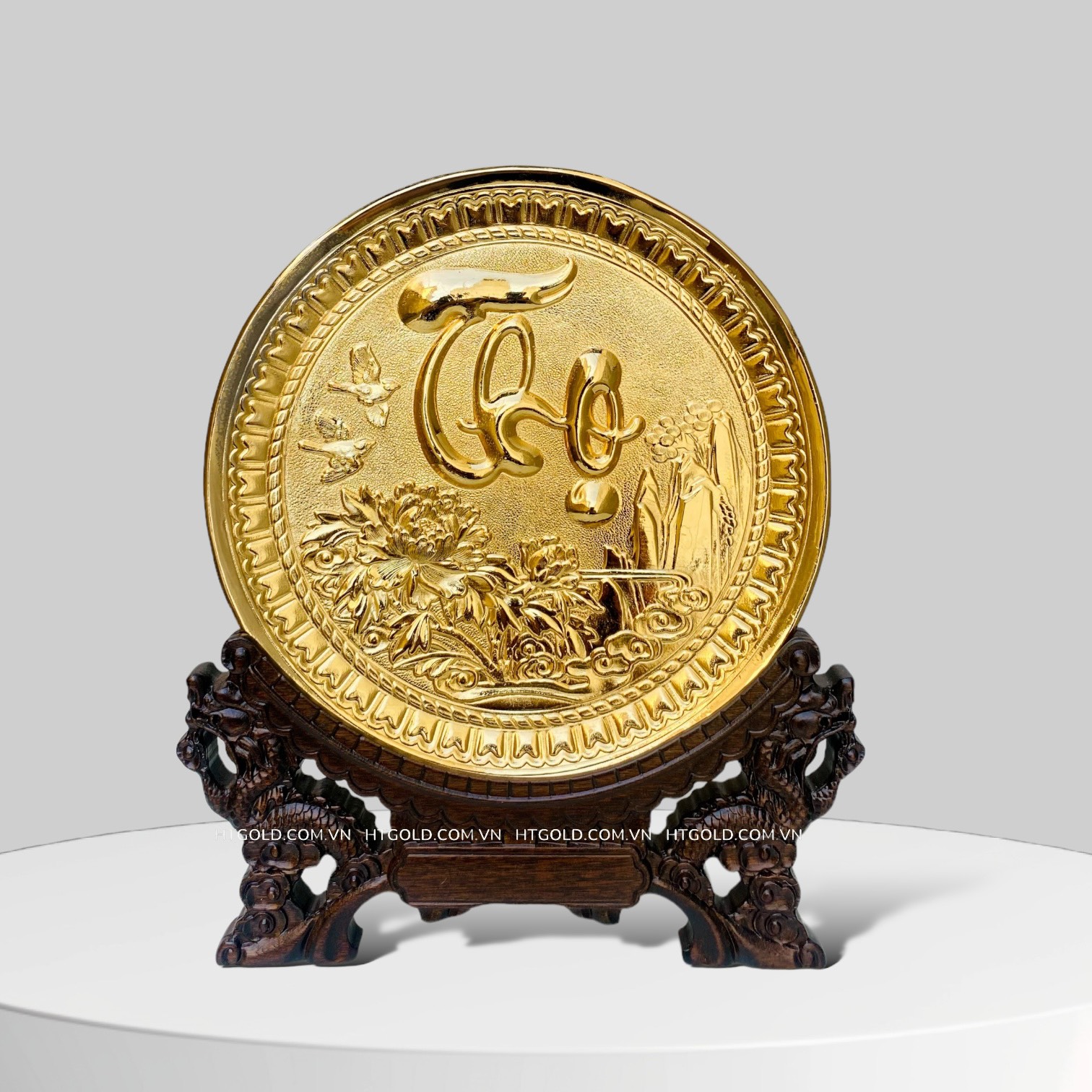 TRANH ĐĨA ĐỒNG CHỮ THỌ MẠ VÀNG 24k (Đk 19cm)