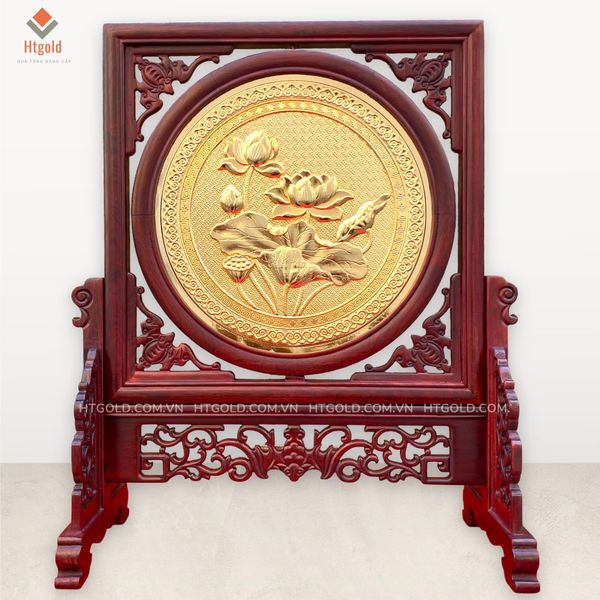 TRANH ĐỒNG HOA SEN - 2 MẶT, MẠ VÀNG 24K , KHUNG GỖ CẨM (Cao 35cm; ngang 29)