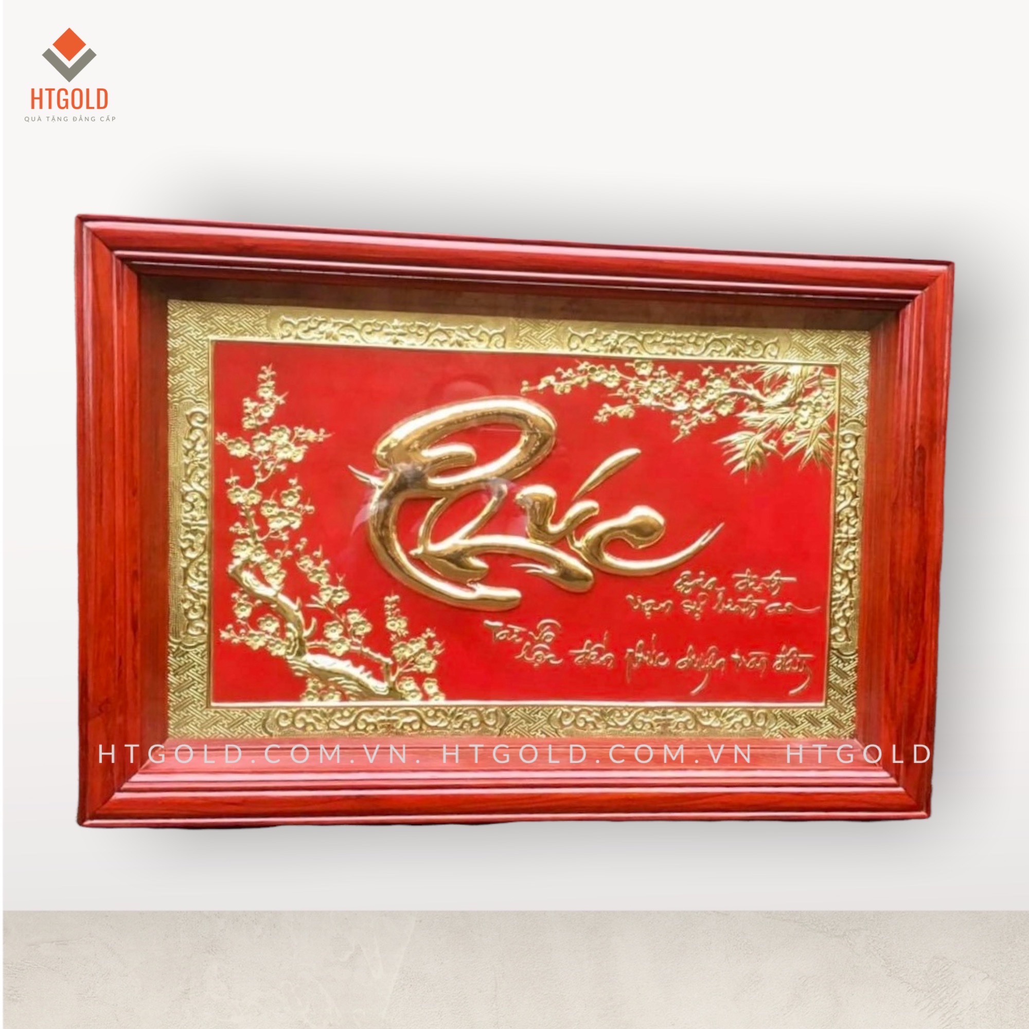 TRANH CHỮ PHÚC THƯ PHÁP - NỀN ĐỎ - MẠ VÀNG 24K (Kích thước 48cm x 68cm)