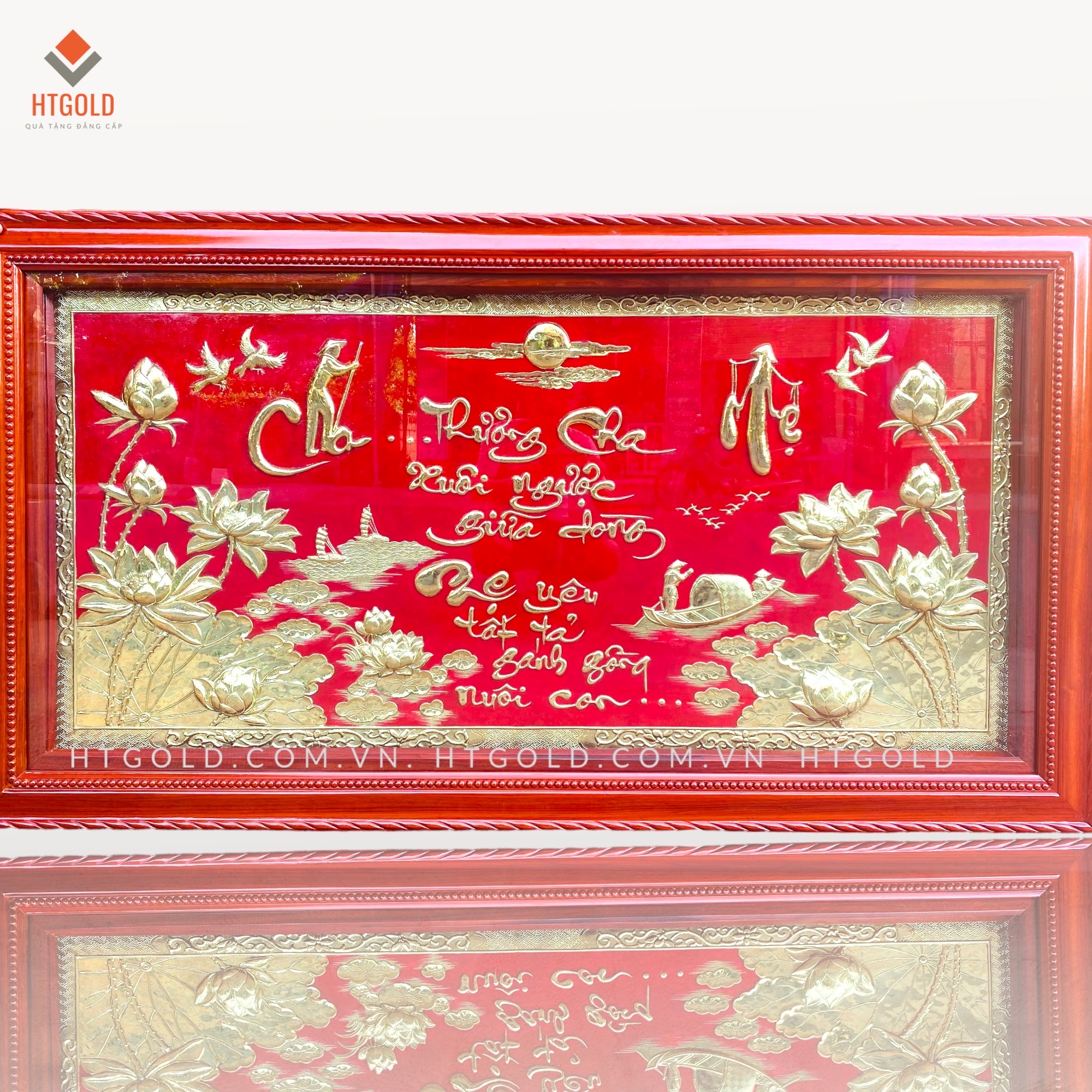 TRANH CHỮ CHA MẸ BẰNG ĐỒNG - CÁCH ĐIỆU - HỌA TIẾT HOA SEN (Kích thước 88cm x 1m73)