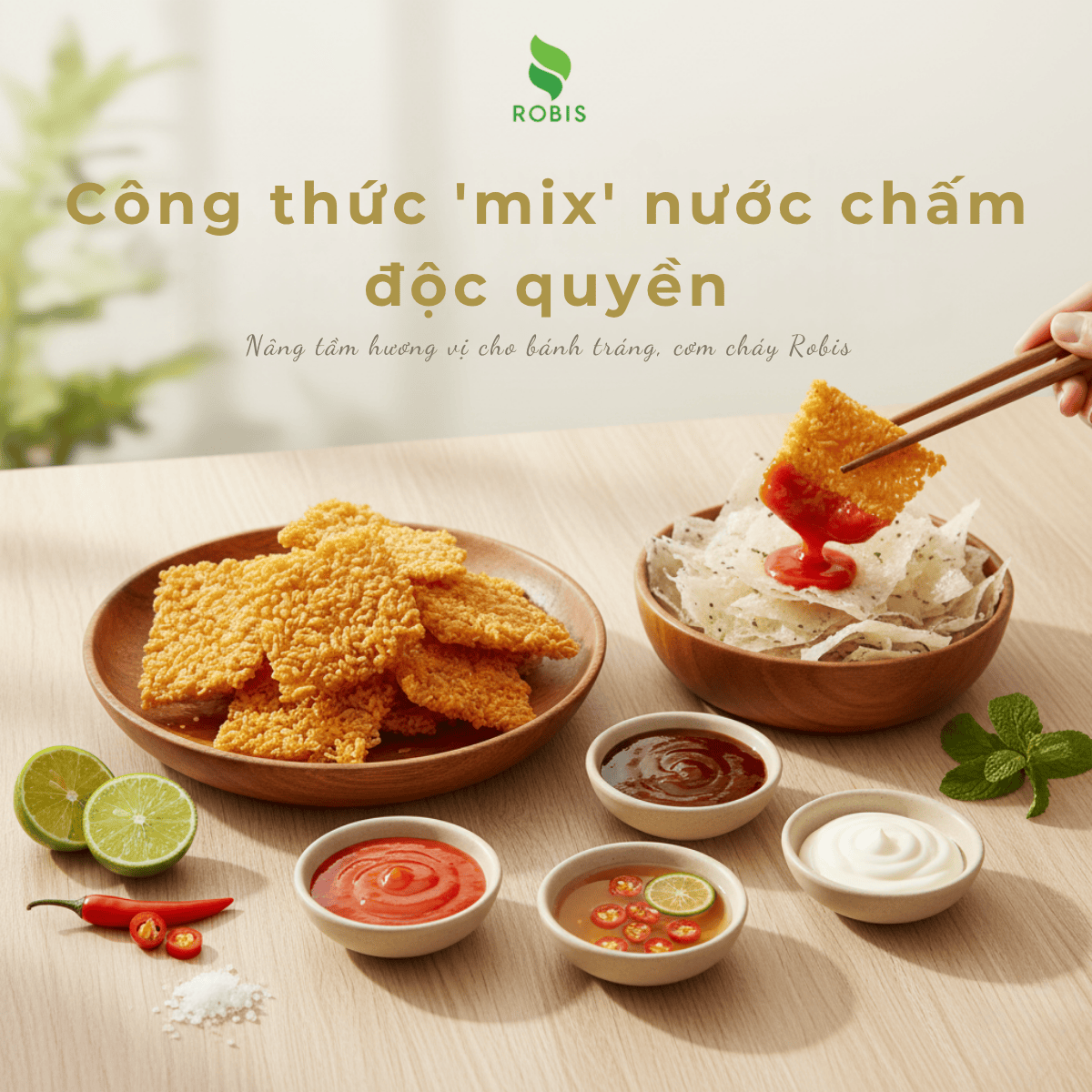 Công thức 'mix' nước chấm độc quyền: Nâng tầm hương vị cho bánh tráng, cơm cháy Robis.