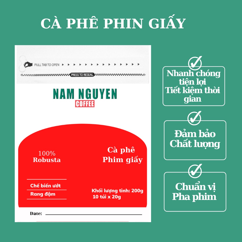 Cà phê phin giấy tiện lợi Robusta nguyên chất có vị đắng nhẹ, thơm quyến rũ, hậu ngọt túi 10 gói mỗi 20g từ nam nguyên