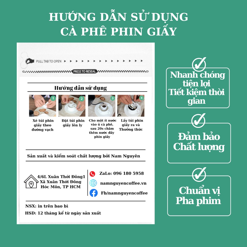 Cà phê phin giấy tiện lợi Robusta nguyên chất có vị đắng nhẹ, thơm quyến rũ, hậu ngọt túi 10 gói mỗi 20g từ nam nguyên