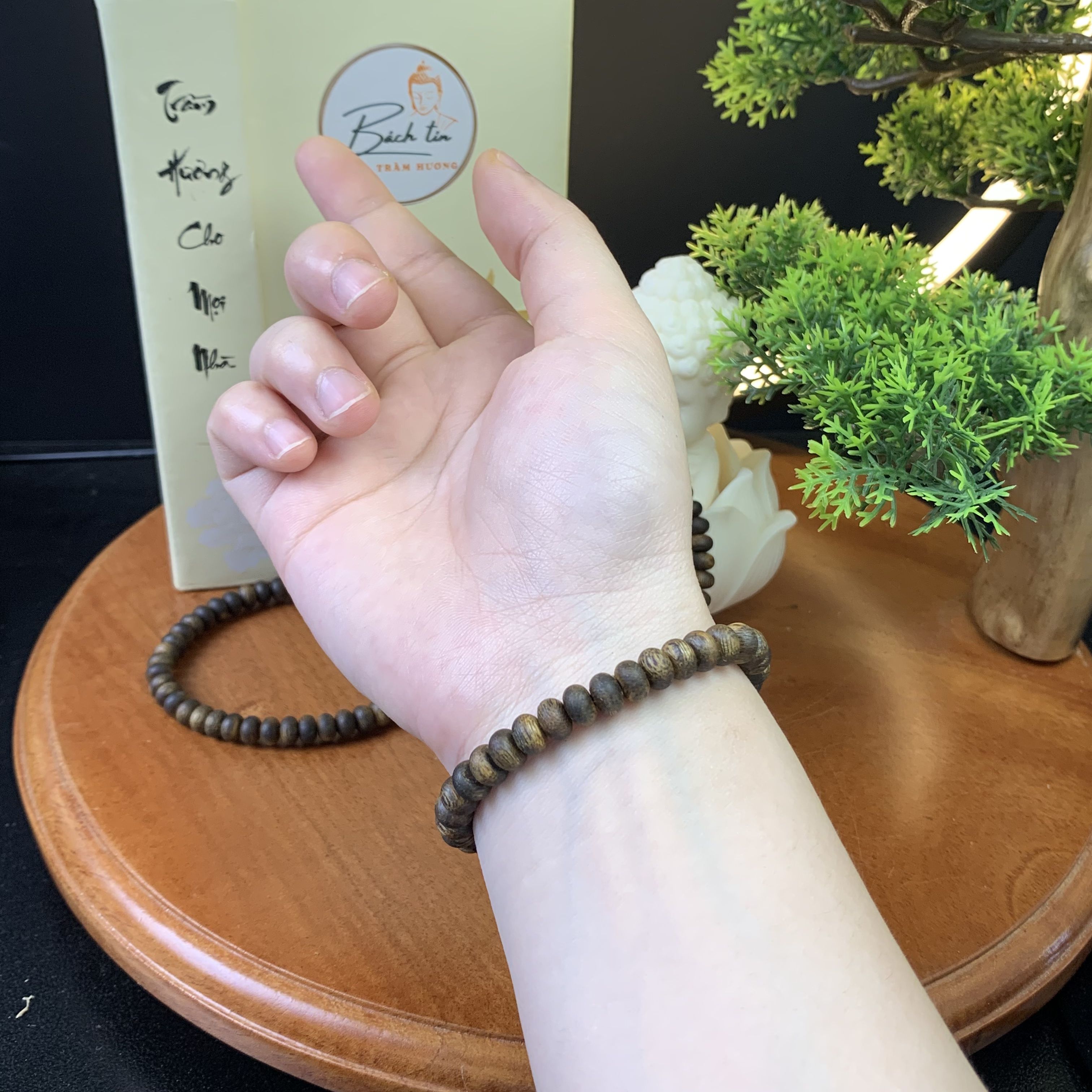 Vòng tay trầm hương Kỳ Hải Nam hạt bàn tính đơn tay nữ 6li nặng 4gram cận chìm dầu đen 050