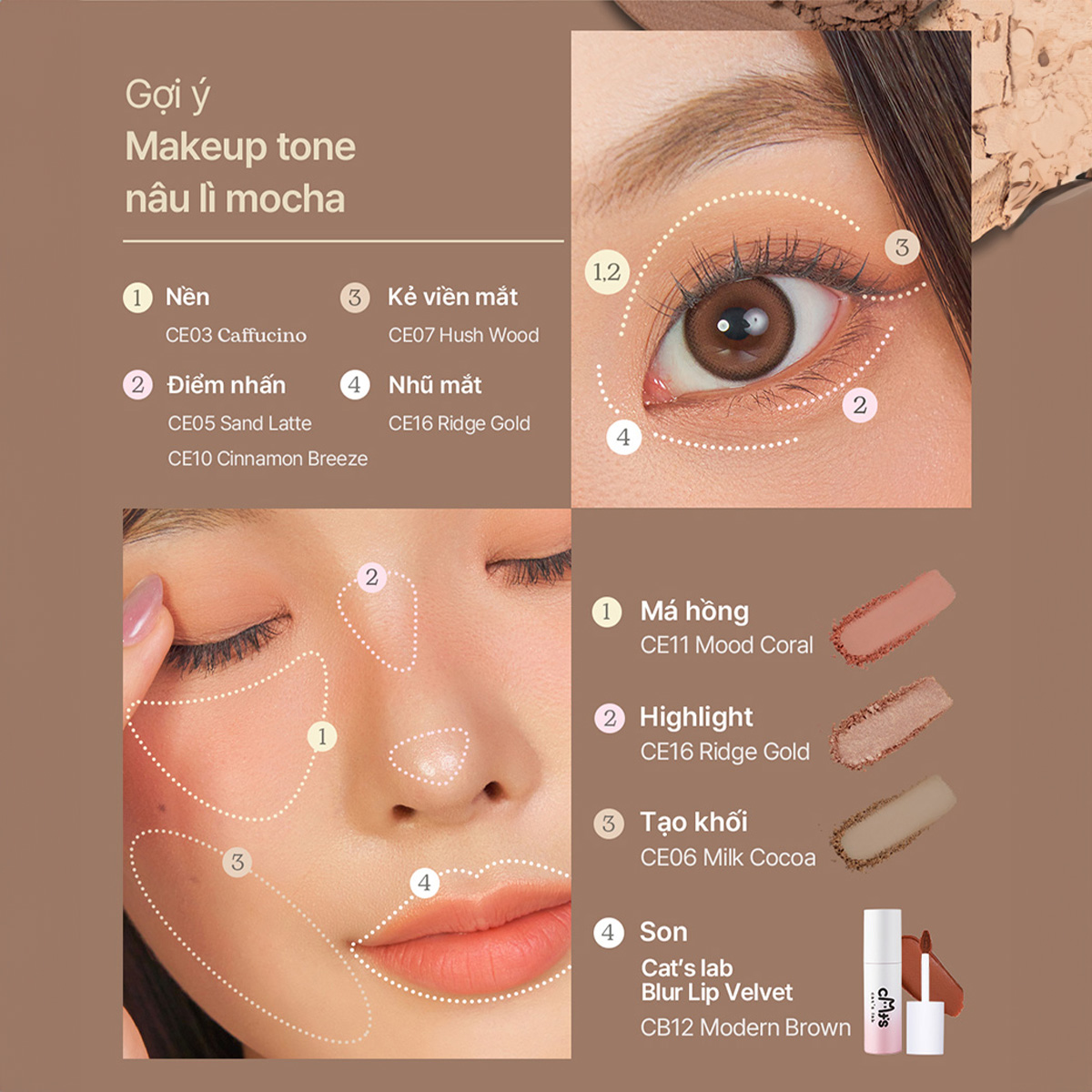 Phấn Mắt Đơn Cat's Lab Eye Stamp Shadow 5in1 Lì Mịn Ánh Nhũ Tự Nhiên Bền Màu Không Trôi 2,2g