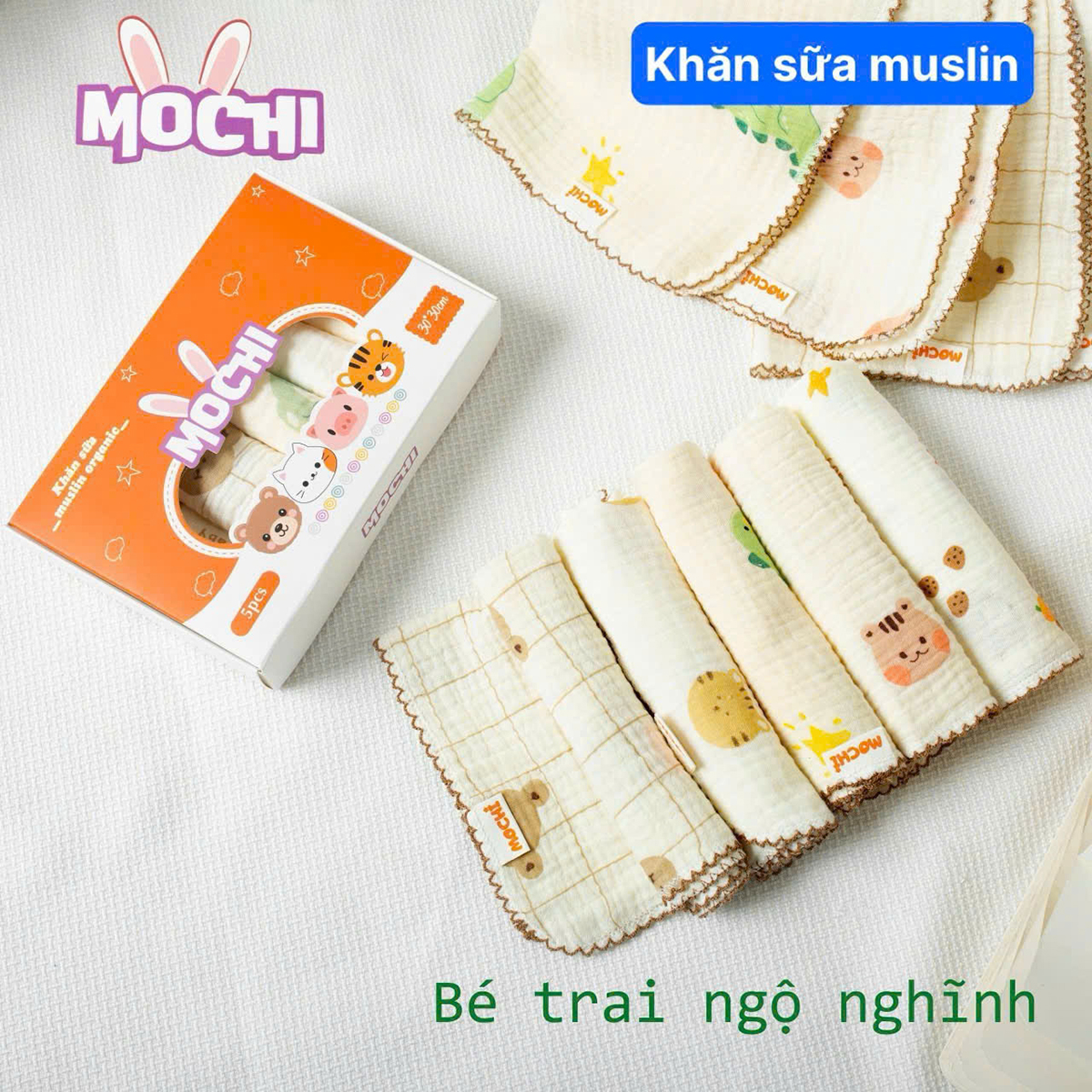 Set 5 Khăn sữa Muslin sợi tre cao cấp Mochi