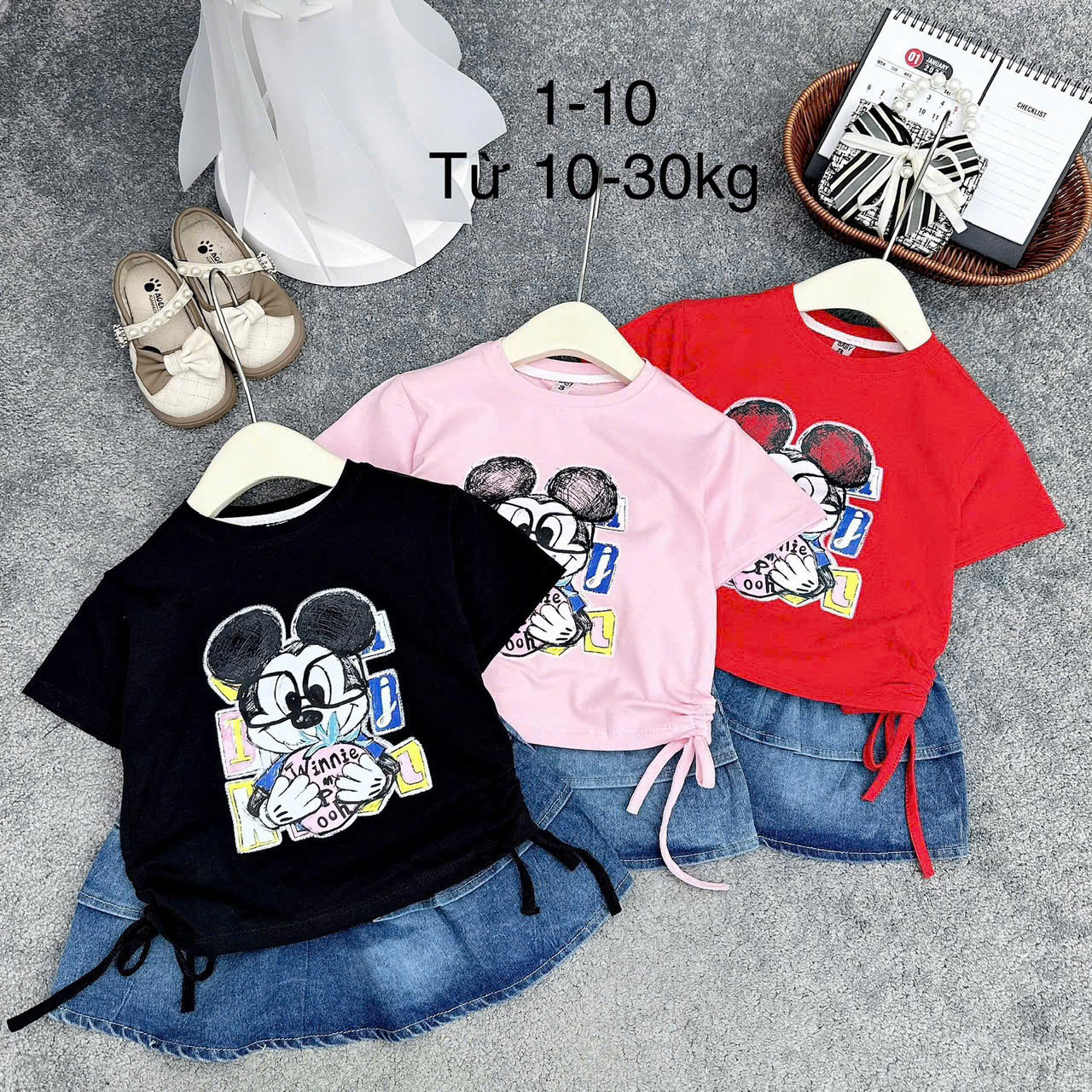 Set micky chân váy bò