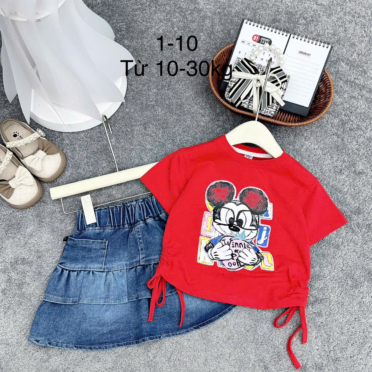 Set micky chân váy bò