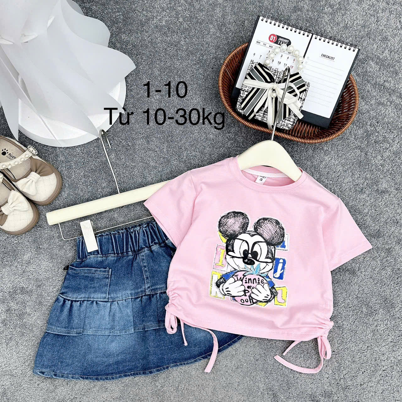 Set micky chân váy bò