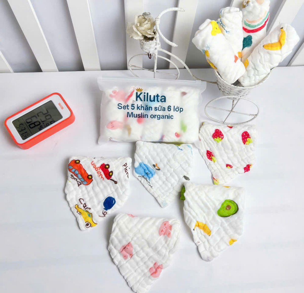 Set 5 Khăn sữa xô nhăn (hoạ tiết)