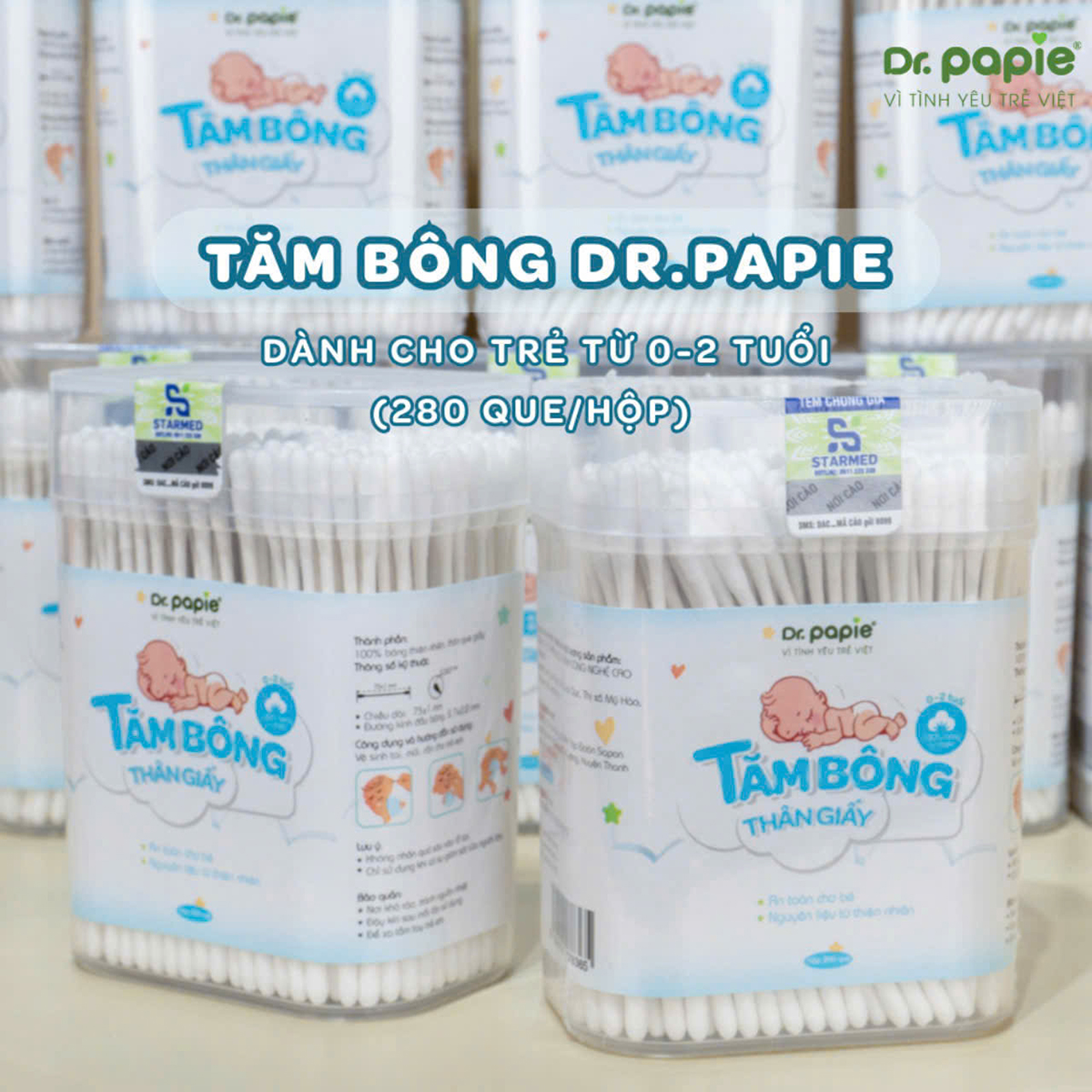 Tăm bông sơ sinh Dr Papie 280pcs