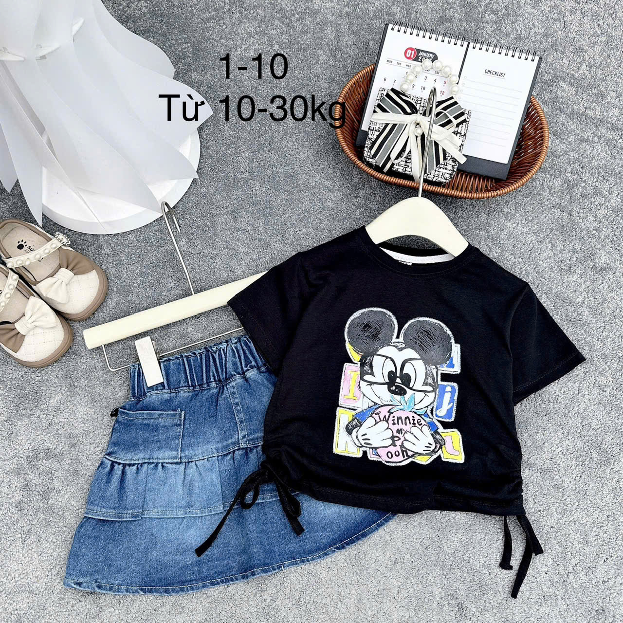Set micky chân váy bò