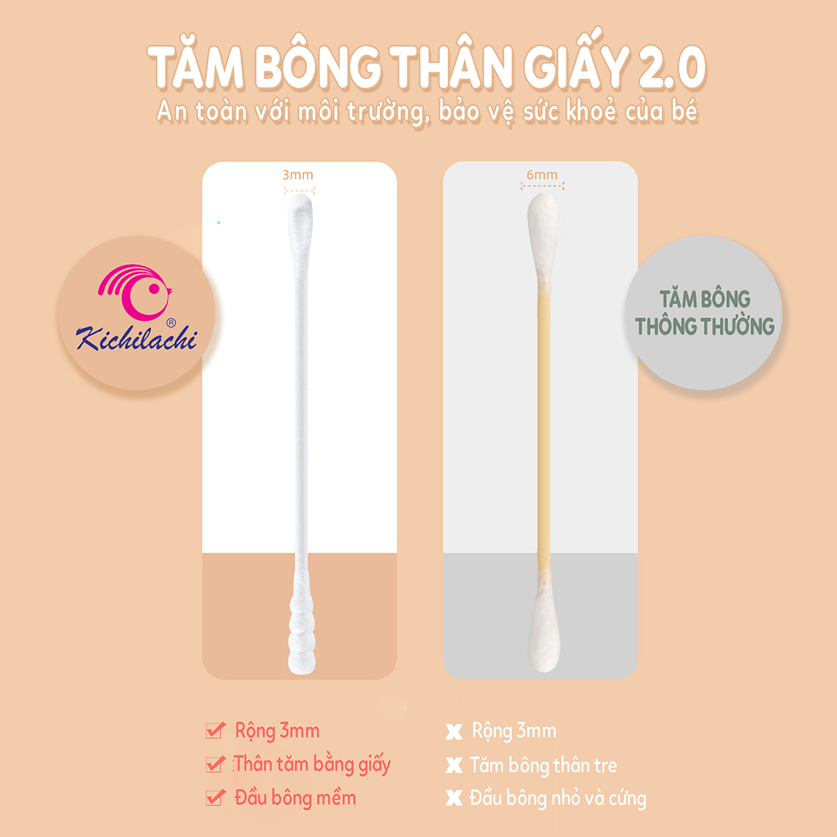 Tăm bông TE Kichi 200pcs (hồng)