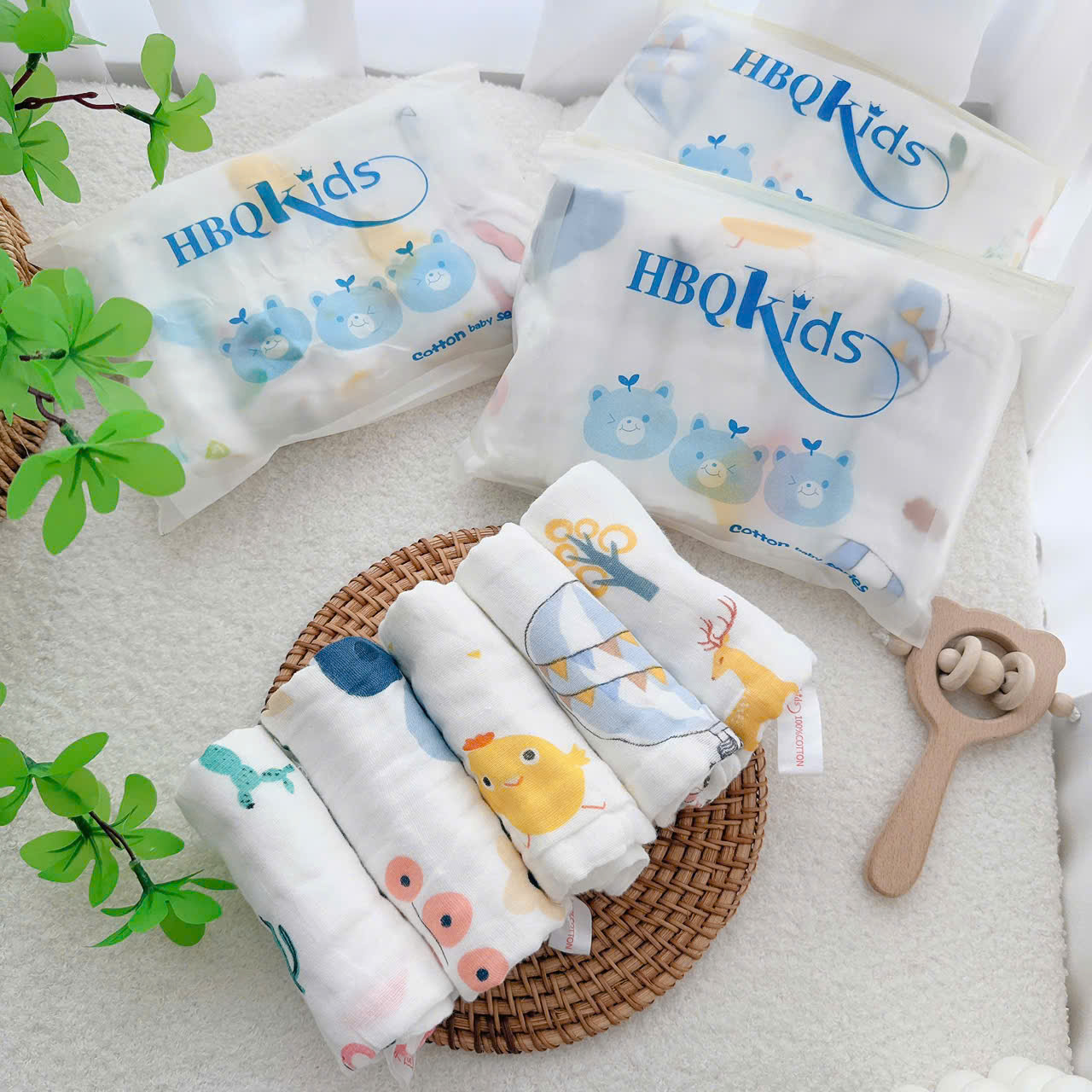 Set 5 khăn sữa sợi tre kháng khuẩn HBQ kids