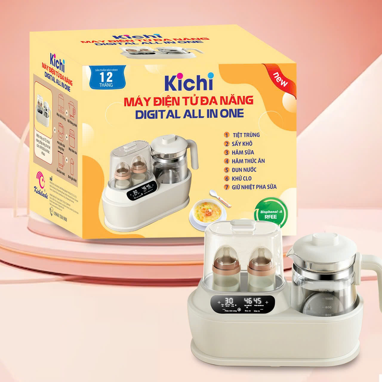 Máy đa năng 5in1 Kichi (khử Clo, đun nước pha sữa, tiệt trùng, hâm sữa, rã đông)