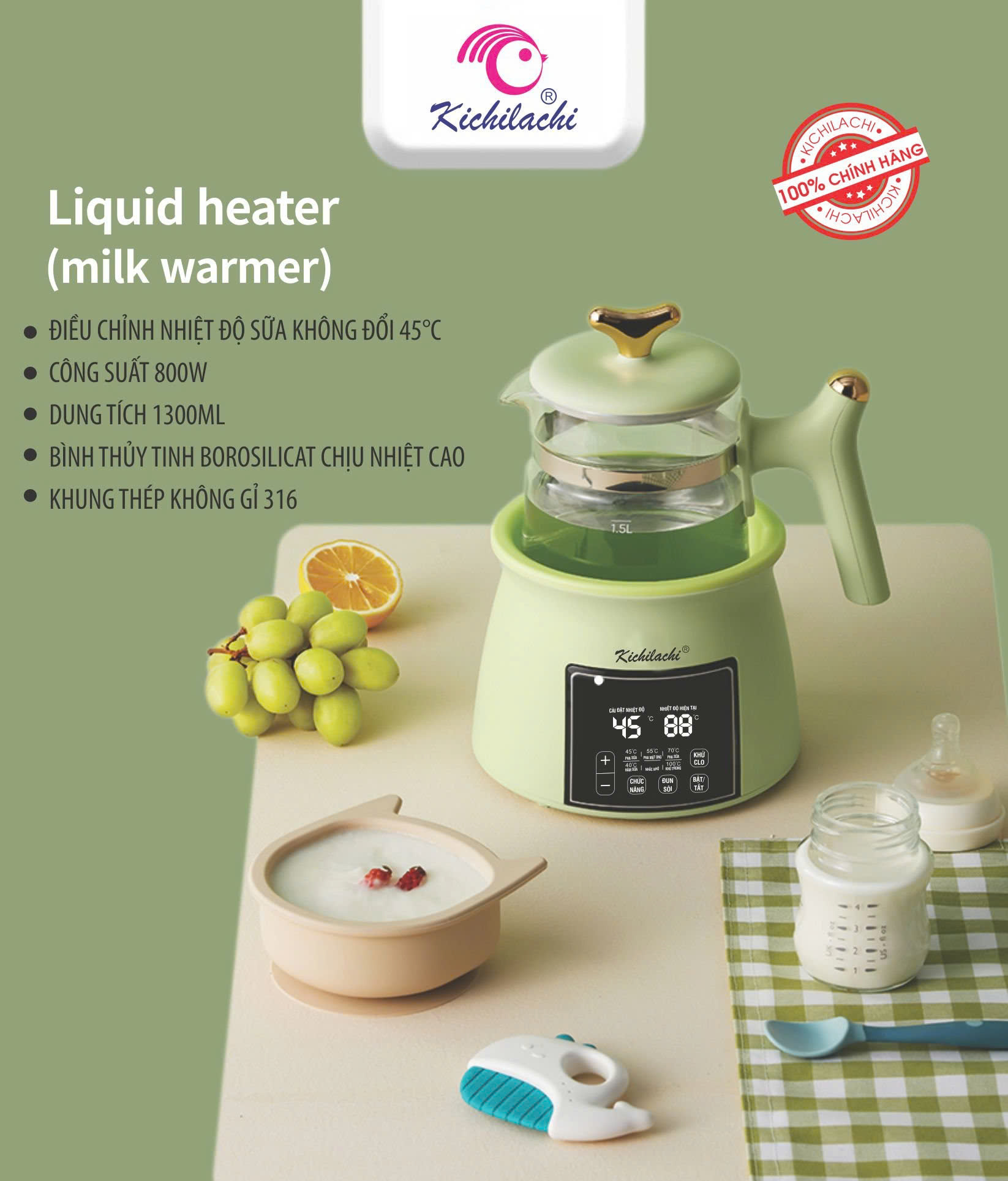 Máy đun nước pha sữa Kichi 1300ml