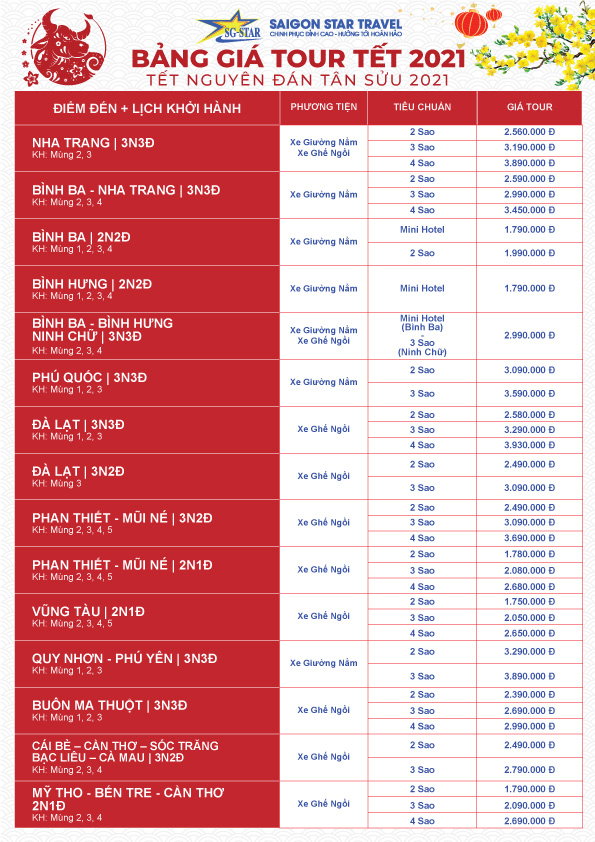 Ưu Đãi Xập Xình - Linh Đình Đón Tết - Đón Xuân Tân Sửu cùng Saigon Star Travel | Saigon Star Travel bang-gia-tour-tet-2021