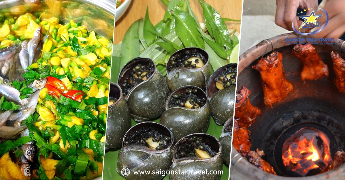 Đặc sản mùa nước nổi Châu Đốc gồm cá linh bông điên điển và chuột đồng quay lu