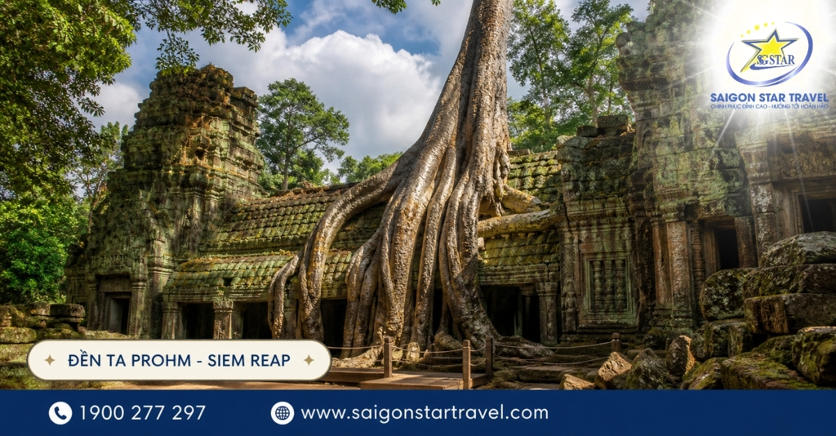 Đền Ta Prohm với rễ cây cổ thụ trong tour Campuchia Lào Thái Lan