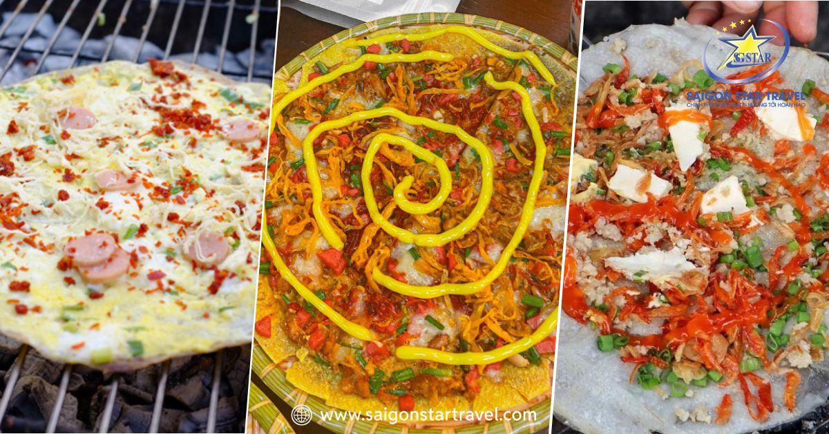 Bánh tráng nướng Đà Lạt đầy đủ topping trứng phô mai xúc xích