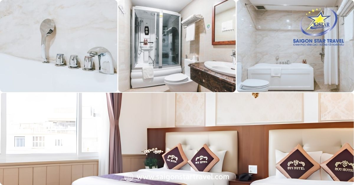 Khu vực nhà tắm hiện đại, sạch sẽ được trang bị bồn tắm nằm và hệ thống nước nóng 24/7 tại Roy Dala Hotel.