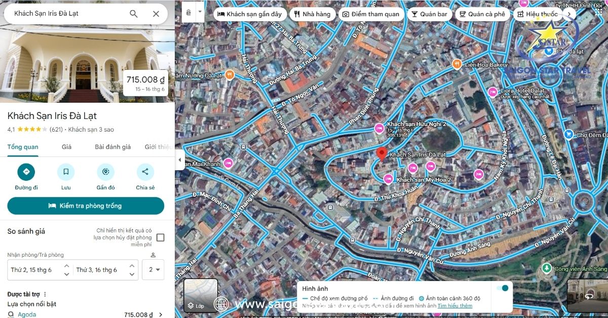 Sử dụng tính năng xem đường phố trên Google Maps để kiểm tra vị trí chính xác của Khách sạn Iris