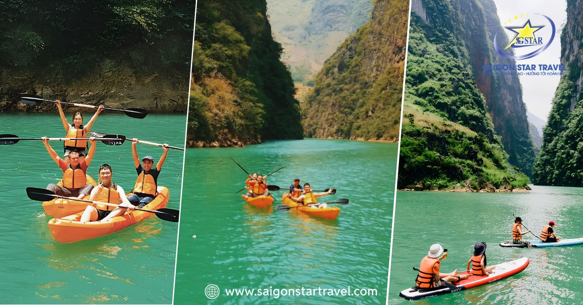 Hoạt động tự chèo thuyền Kayak trên sông Nho Quế dành cho những du khách yêu thích thể thao và khám phá.