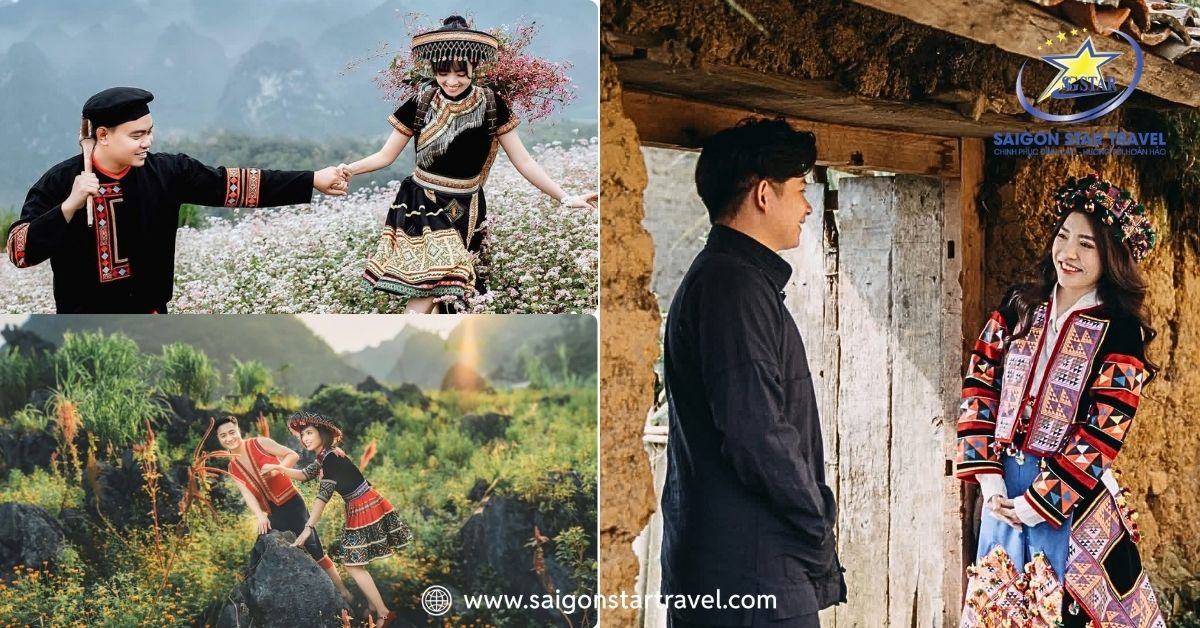 Du khách thích thú trải nghiệm mặc trang phục truyền thống của đồng bào vùng cao để chụp ảnh kỷ niệm.